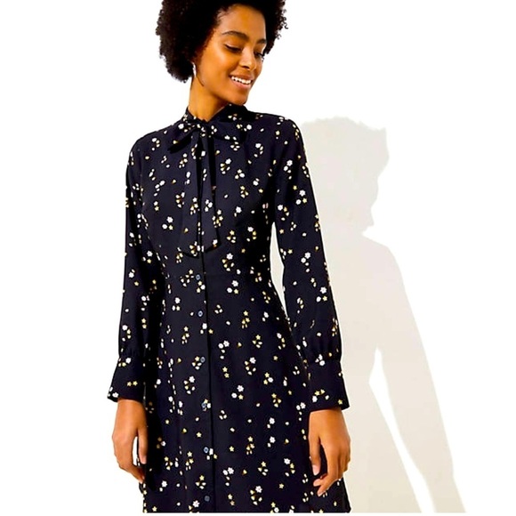 LOFT Dresses & Skirts - LOFY Floral Black Fit & Flare Button Up Dress Size 4P